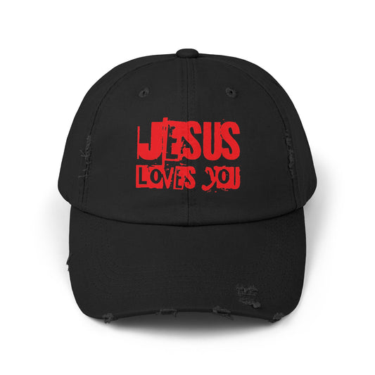 JESUS LOVES YOU (RED)- Unisex Distressed Cap