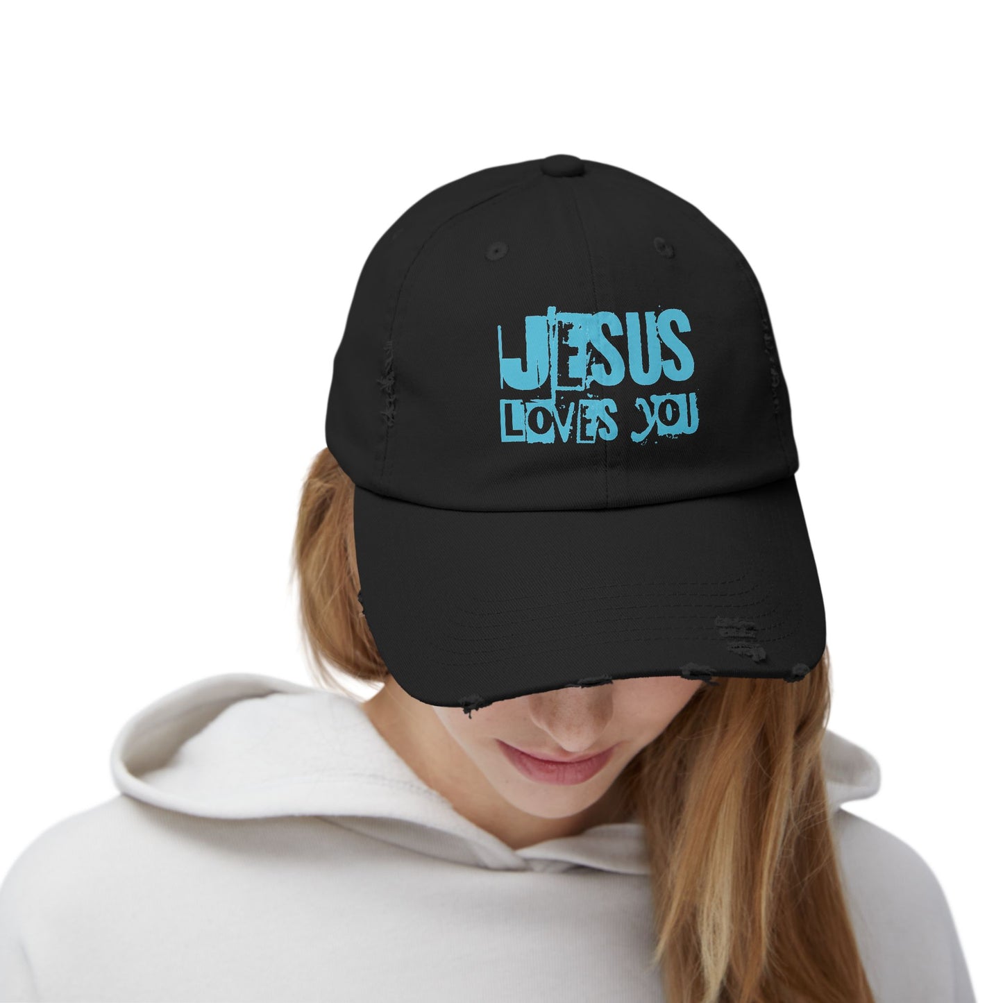 JESUS LOVES YOU (BLUE)- Unisex Distressed Cap