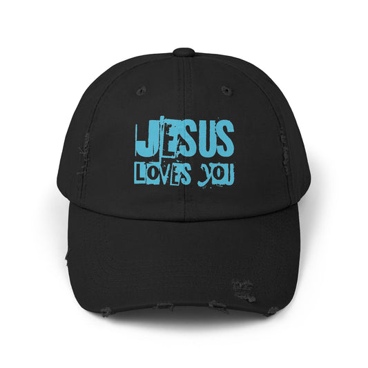JESUS LOVES YOU (BLUE)- Unisex Distressed Cap